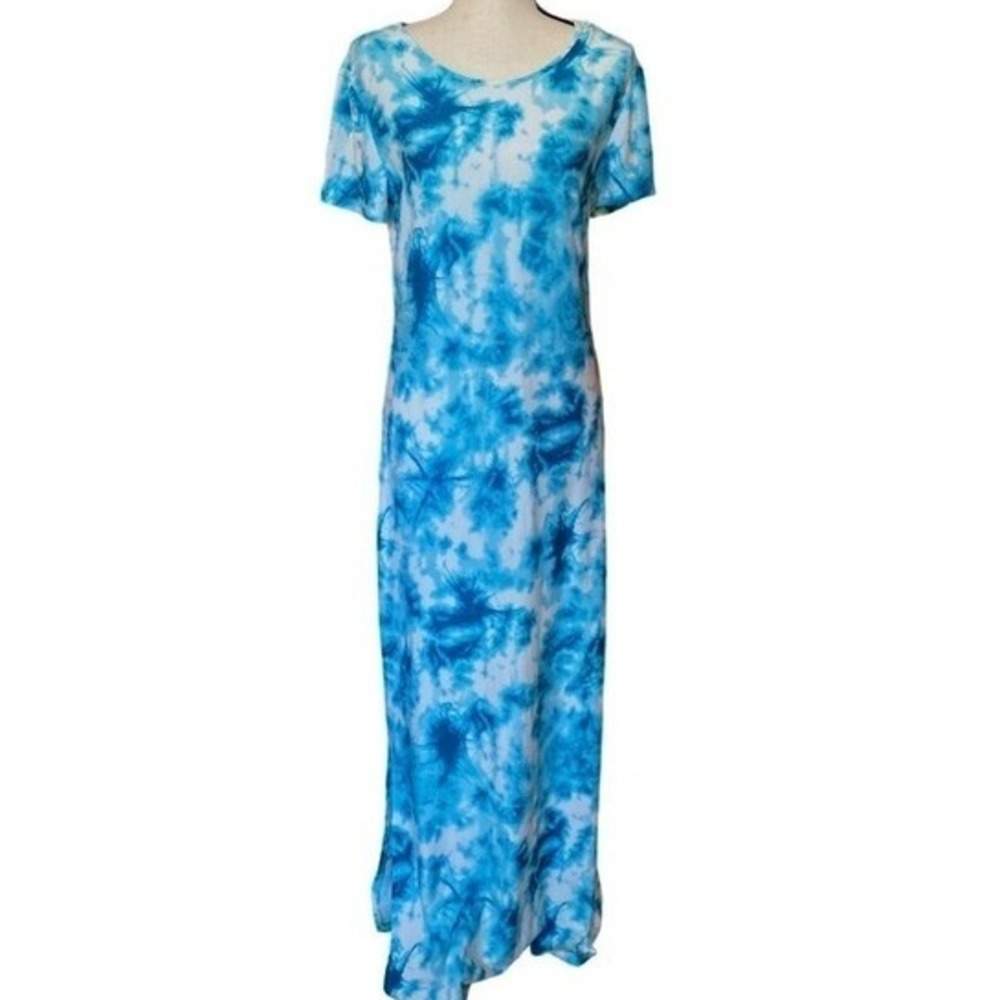 Blue White Tie‎ Dye Maxi Dress Short Sleeve Casual Summer Beach